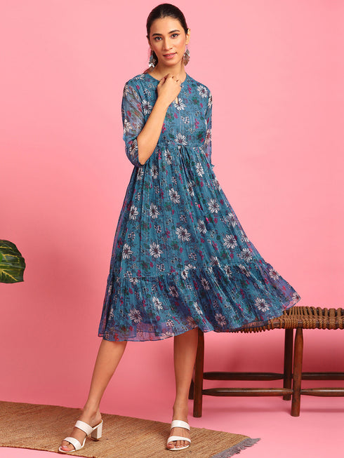 Blue Poly Georgette Floral Flared Western Dress